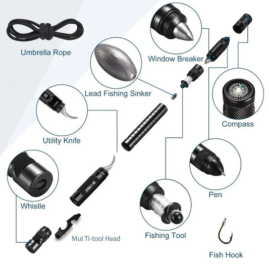 Multifunctional Outdoor Tactical Pen, Survival Gear, Self-Defense, Rescue Supplies, Hiking,Camping Survival Tool with Compass