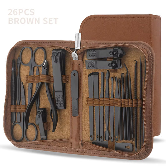 26 Pieces Brown Nail Kit Nail Clipper Kit, Stainless Steel Nail Travel Kit, Nail Care Kit with Luxury Storage Box