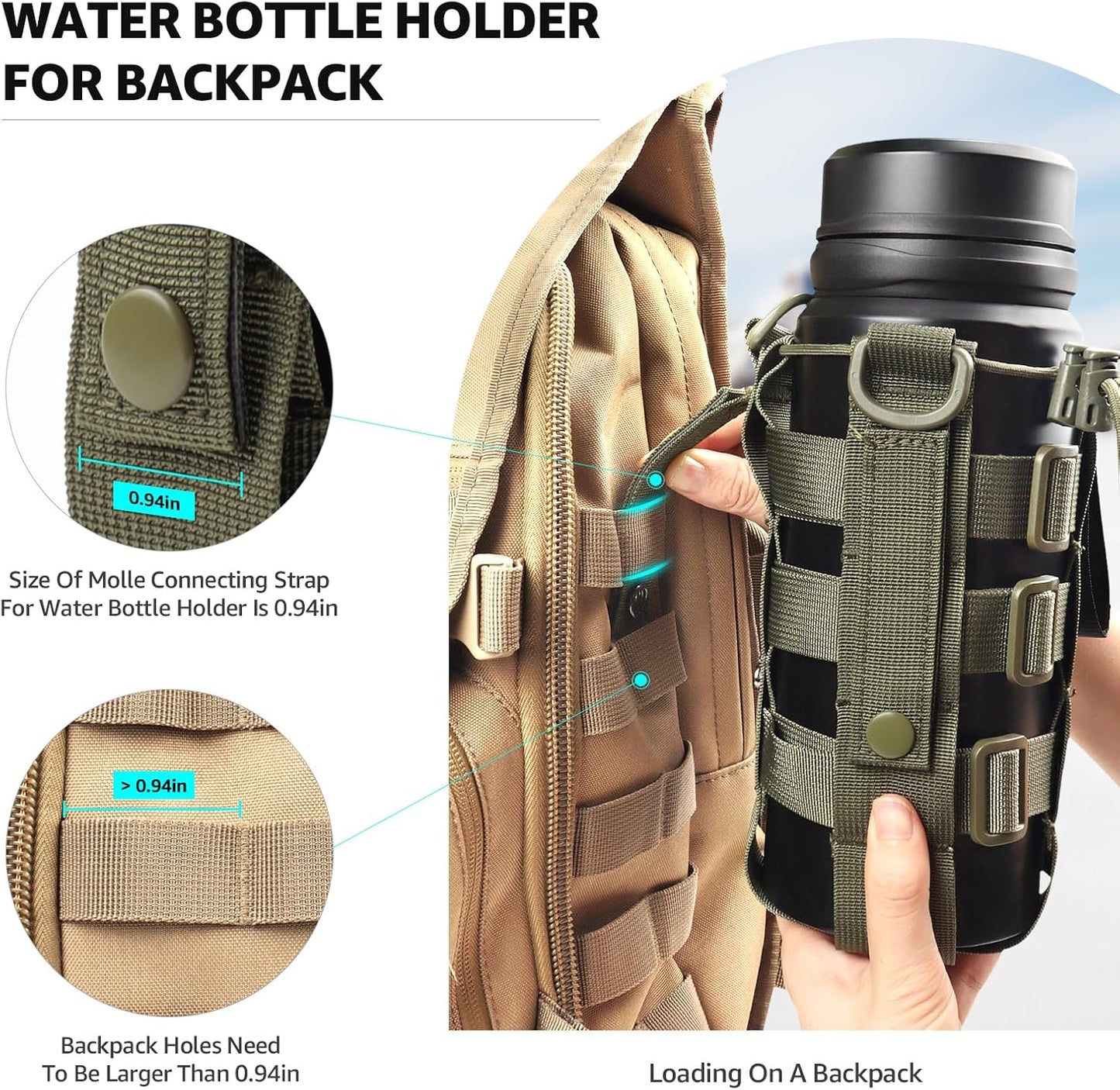 Molle Water Bottle Holder for Backpack,Drawstring Adjustable Straps Molle Pouches for 20 32 36 48 Oz Water Bottle