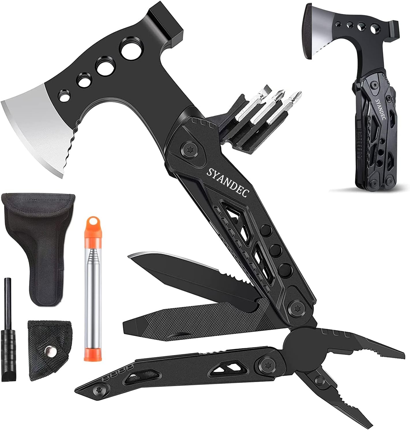 Gifts for Men Dad Husband, Camping Multitool, All in One Hatchet Survival Gear W Hammer Screwdrivers Pliers Bottle Opener Durable Sheath, Fathers Day Birthday Christmas Hunting Hiking