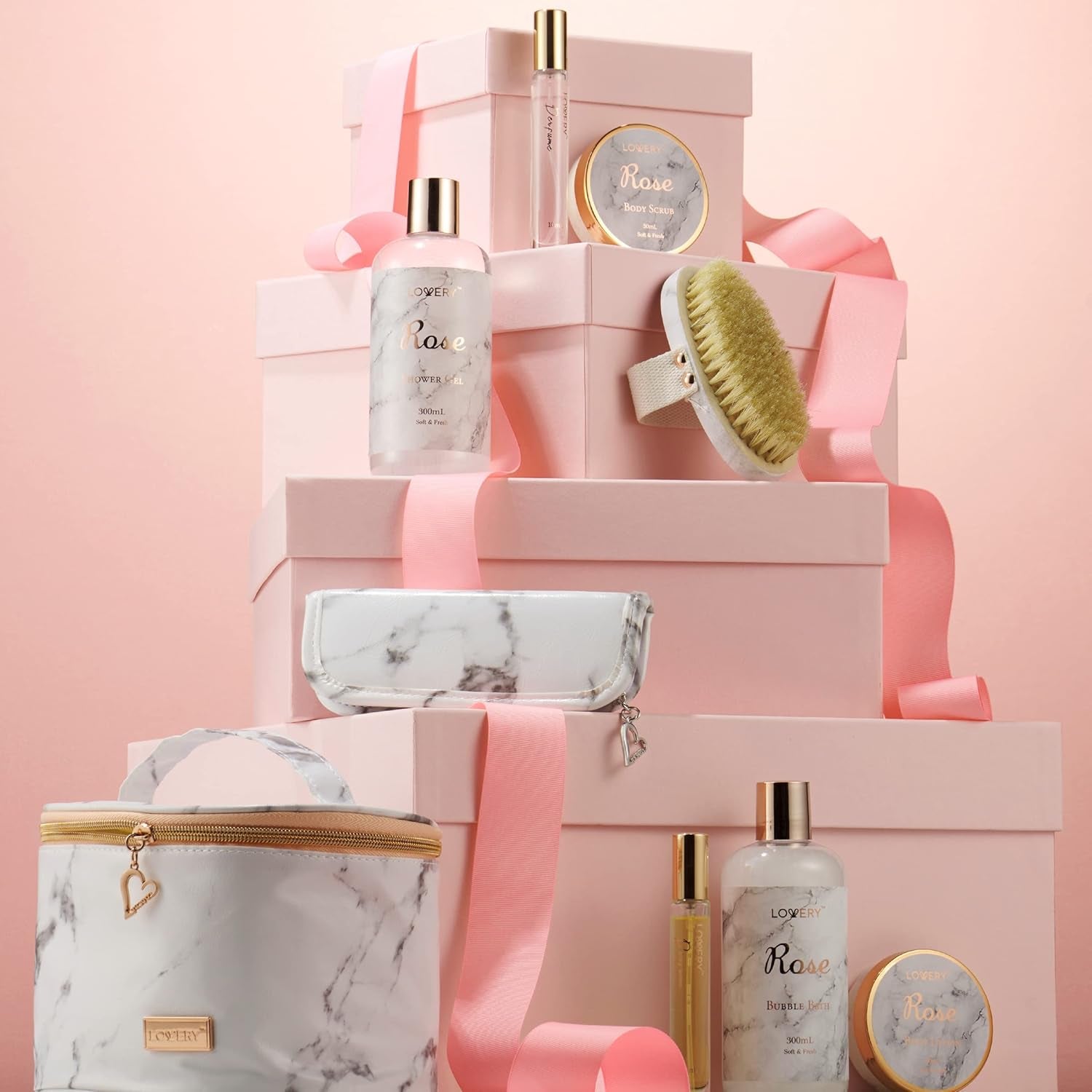 Birthday Gifts for Mom, Daughter Self Care Gifts for Women, Luxe 16Pc Rose Bath and Body Home Spa Set, Relaxation Bath Gift Basket for Birthday Pampering with Perfumes, Acne Kit, Lotions & More