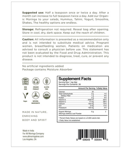 Premium Organic Moringa Oleifera Leaf Powder, Raw, Pure, Non GMO