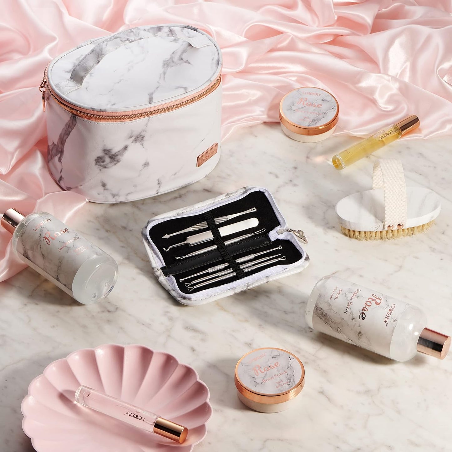 Birthday Gifts for Mom, Daughter Self Care Gifts for Women, Luxe 16Pc Rose Bath and Body Home Spa Set, Relaxation Bath Gift Basket for Birthday Pampering with Perfumes, Acne Kit, Lotions & More