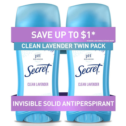 Antiperspirant and Deodorant for Women, 24Hr Sweat & Odor Protection, PH Balanced Protection, Gentle on Skin, Invisible Solid, Clean Lavender Scent, 2.6 Oz (Pack of 2)