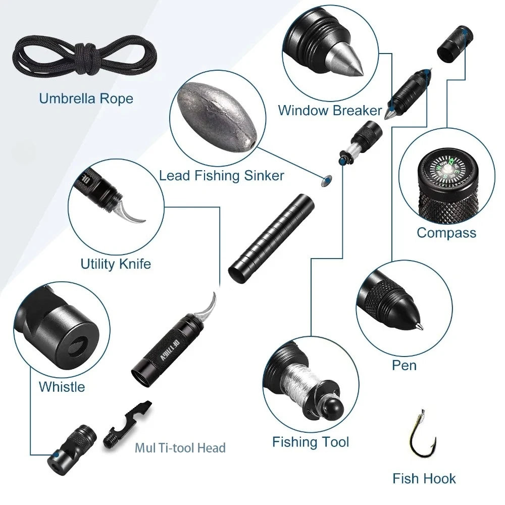 Multifunctional Outdoor Tactical Pen,  Survival Gear, Self-Defense, Rescue Supplies, Hiking,Camping Survival Tool with Compass