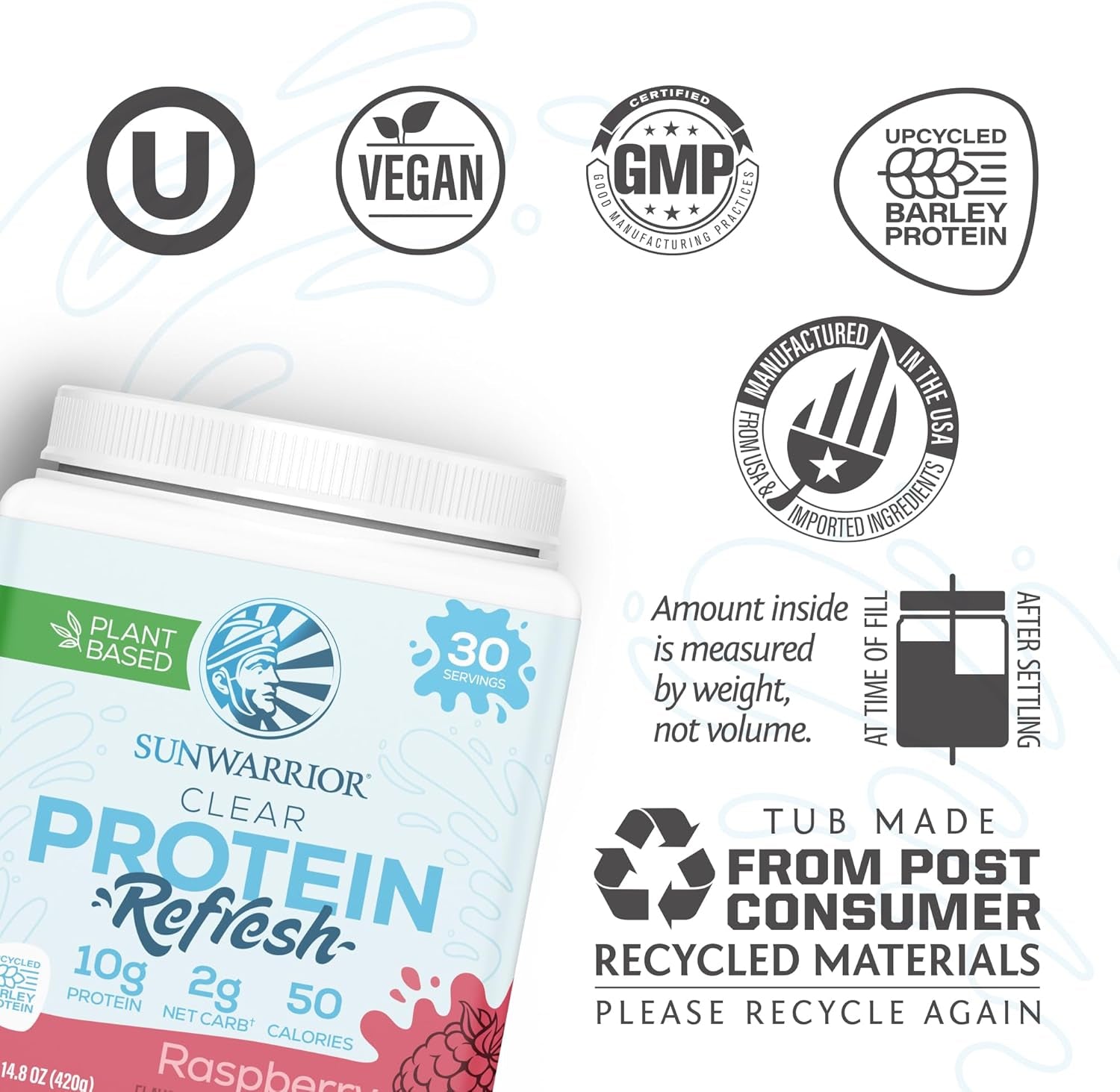 Clear Protein Powder Plant-Based Water Mix, Vegan and Refreshing Protein and Hydration Supplement 10G per Serving Raspberry Flavored 420G Tub 30 Servings