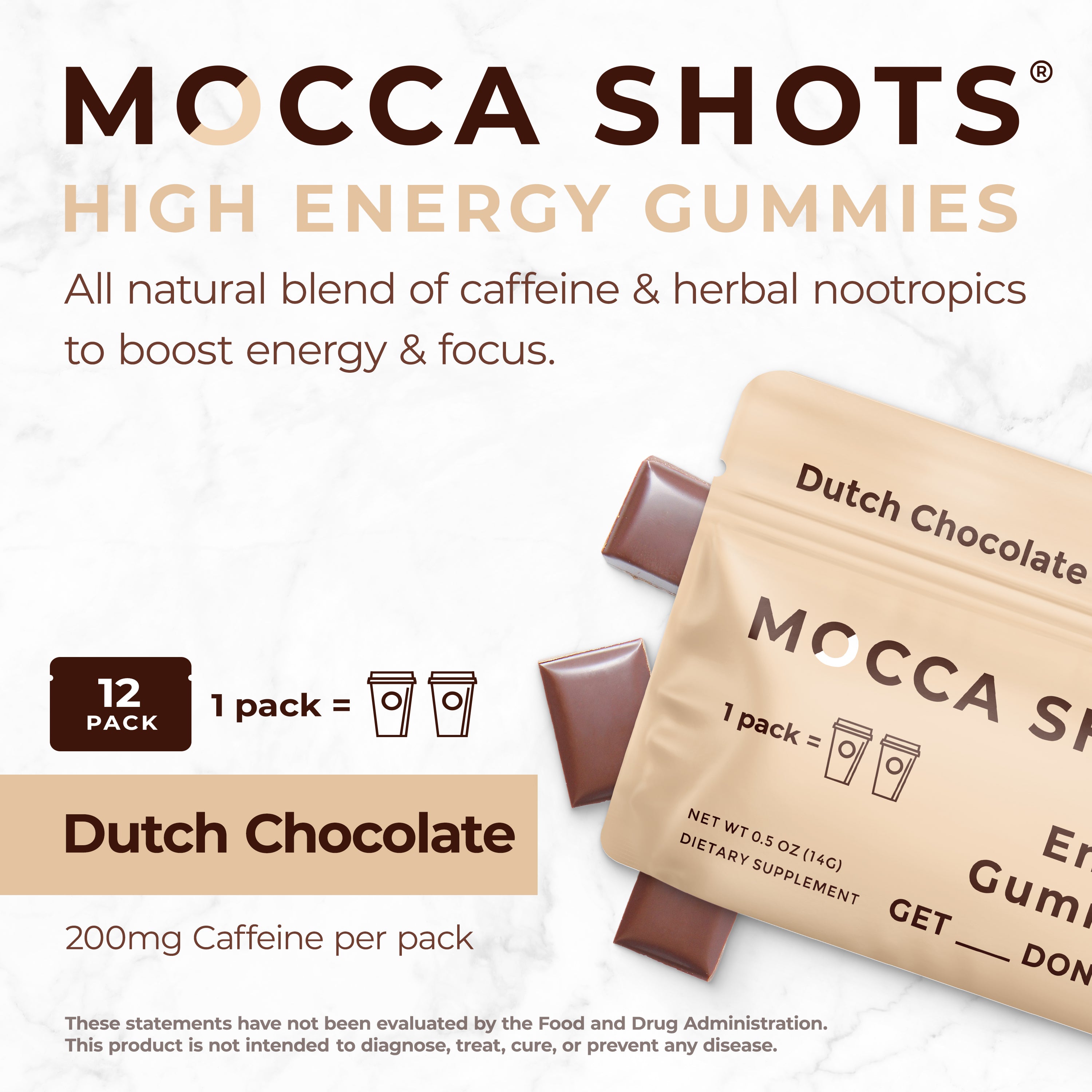 Mocca Shots Energy Gummies with Caffeine Dutch Chocolate 12 Packs