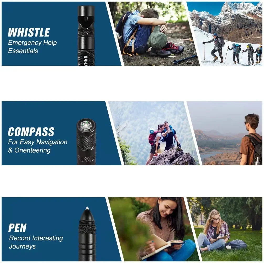 Multifunctional Outdoor Tactical Pen,  Survival Gear, Self-Defense, Rescue Supplies, Hiking,Camping Survival Tool with Compass